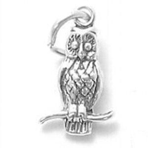 OWL ON A BRANCH CHARM IN 3D. STERLING SILVER.